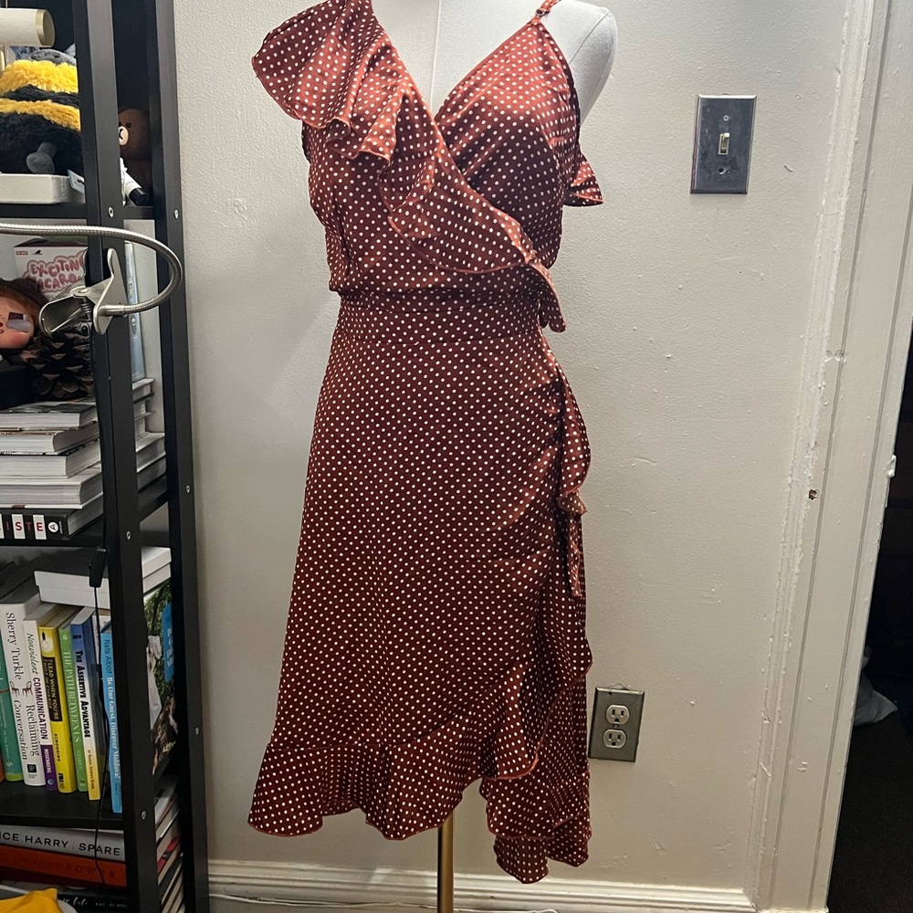 NWOT Polka Dot Ruffle Wrap Midi Dress - Rust Size 8